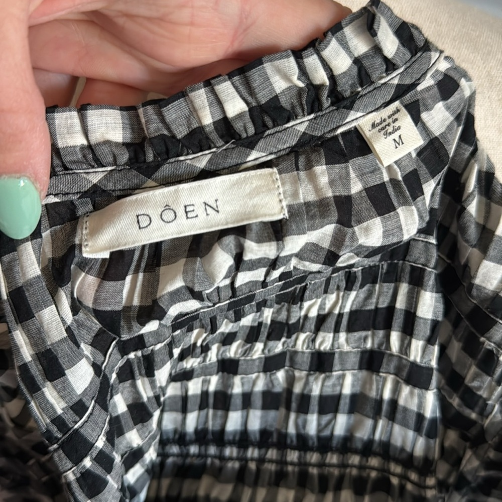 DÔEN Rosella Smocked Plaid Knee-Length Dress Black White Gingham Medium - Picture 9 of 11